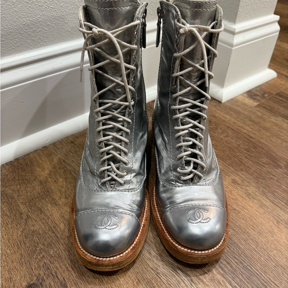 Chanel Silver Lace-Up Boots